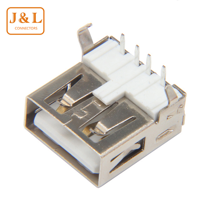 USB母座平口/A型接口銅針鐵殼USB插座AF90度直腳/彎腳連接器